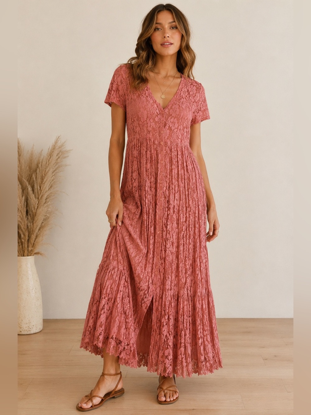 Vintage Romantic 90s Lace Maxi Dress in Dusty Rose Pink